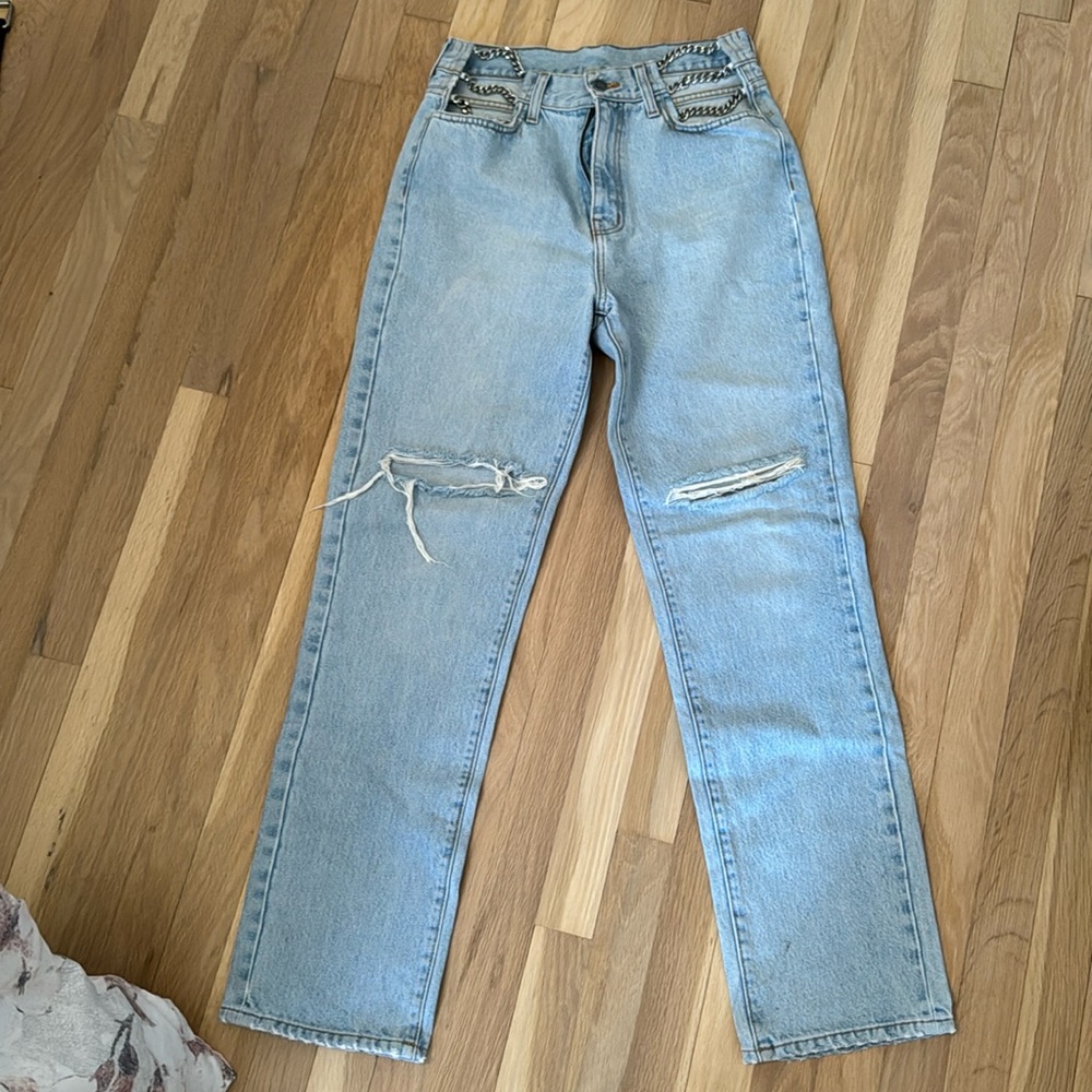 LF light wash straight leg jeans, with chains on the waist